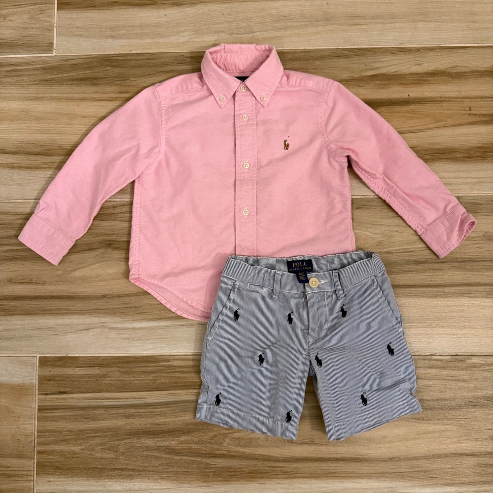 Polo Ralph Lauren Toddler Boys Pink Oxford Shirt & Seersucker Shorts Set 2T